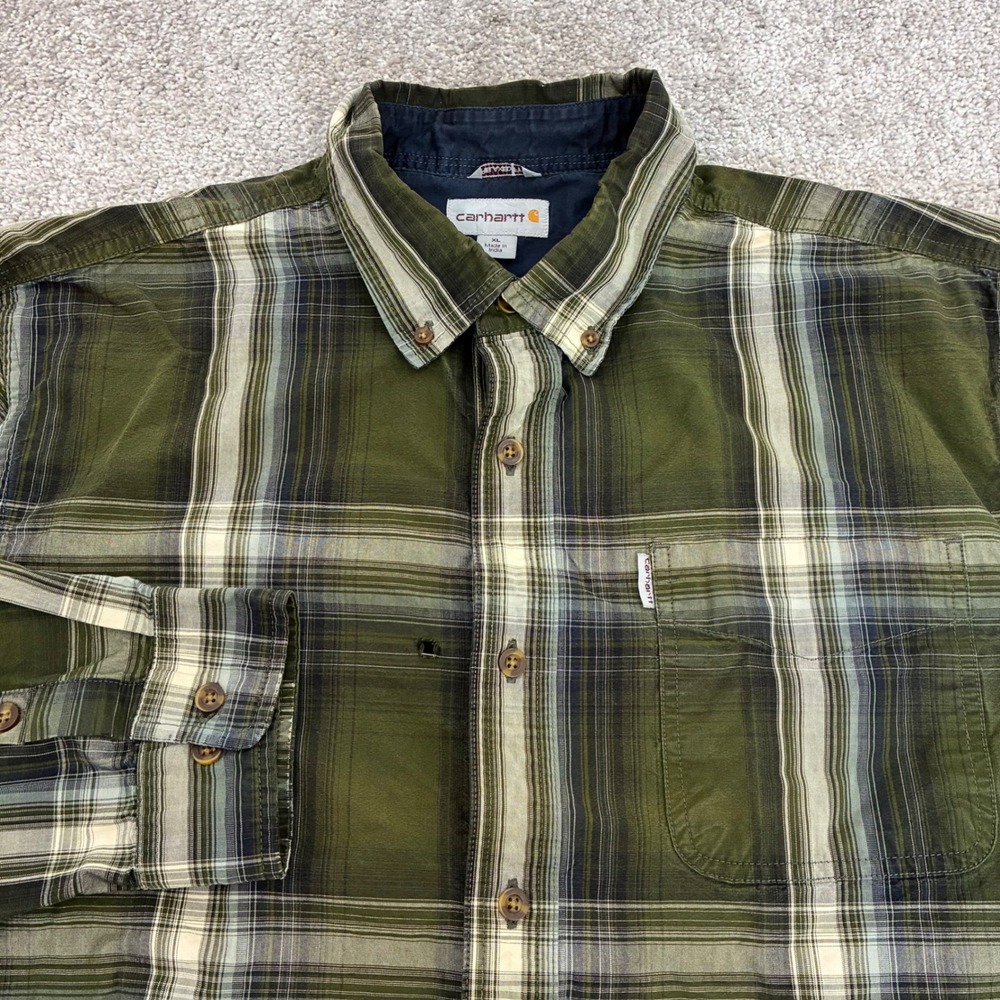 Carhartt Work Shirt Mens Extra Large Relaxed Fit Green Plaid Button Down